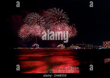 Beautiful fireworks at Tamsui Fisherman`s Wharf, in the north of Taiwan, New Taipei City, Taiwan Stock Photo